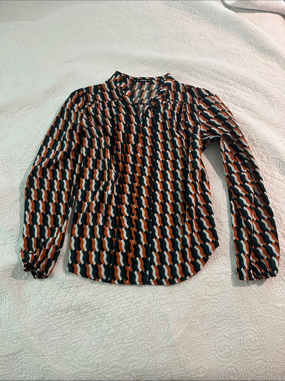 SHEIN Black, Rust, Cream & Teal Chevron Button-Front Blouse